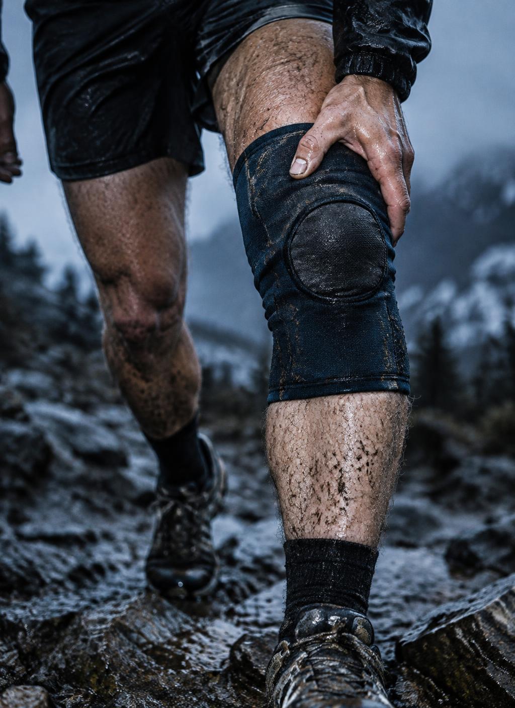 Genou de coureur en genouillère, main serrée sur le genou, sur un sentier boueux